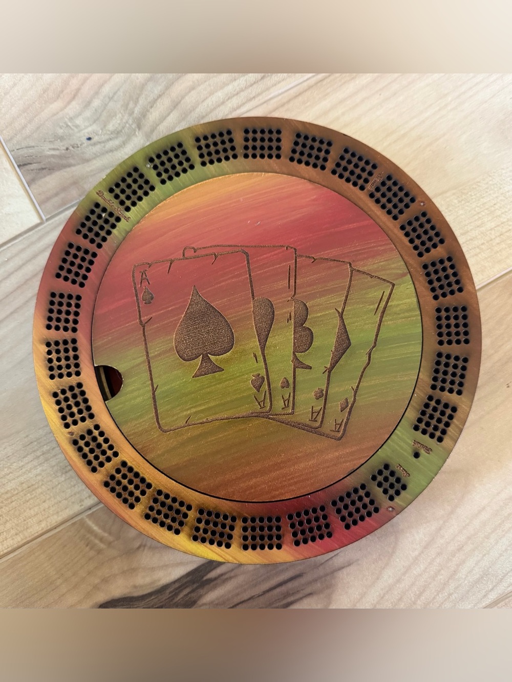 locally crafted round wooden cribbage board